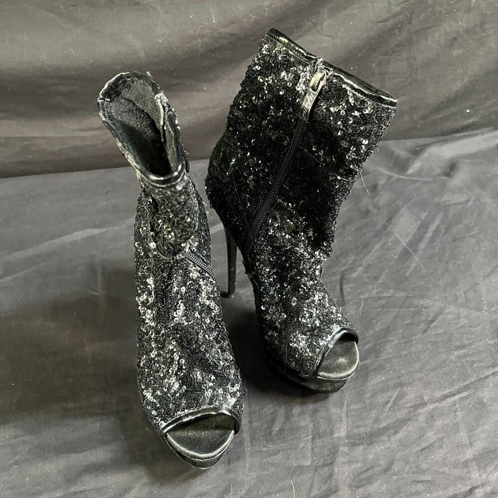Highest Heel Womens Open Toe Bootie Black sequins Size 6 Shoes
